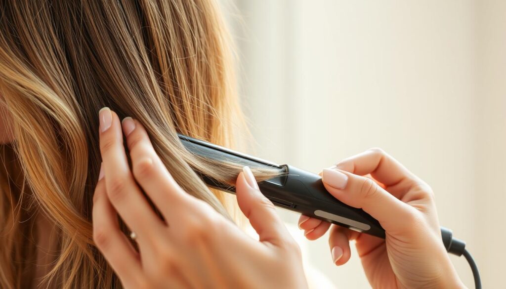 Kobieta nakładająca produkt termoochronny przed użyciem prostownicy